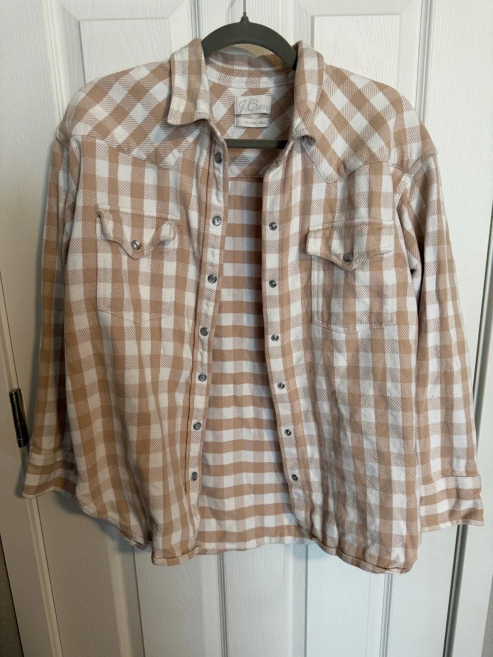 J.Crew Plaid Heavy Weight Flannel Shirt Size 6 Beige White Classic Button Up - Picture 6 of 7